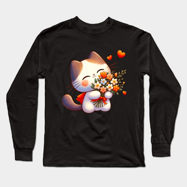 Adorable Love Cat T-Shirt, Happy Kitten with Flowers Tee, Cute Feline Embracing Bouquet Top, Heartwarming Cat Lover Shirt Long Sleeve T-Shirt by Sarus Design Art